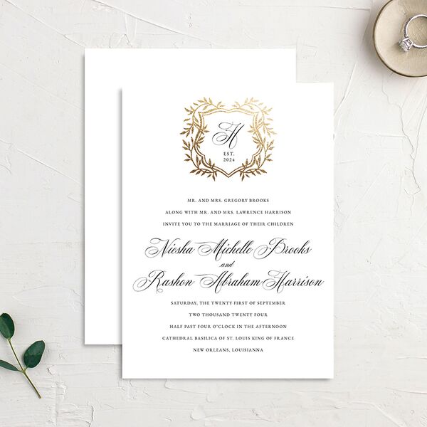 Formal Crest Wedding Invitations Gold Pure White Signature No