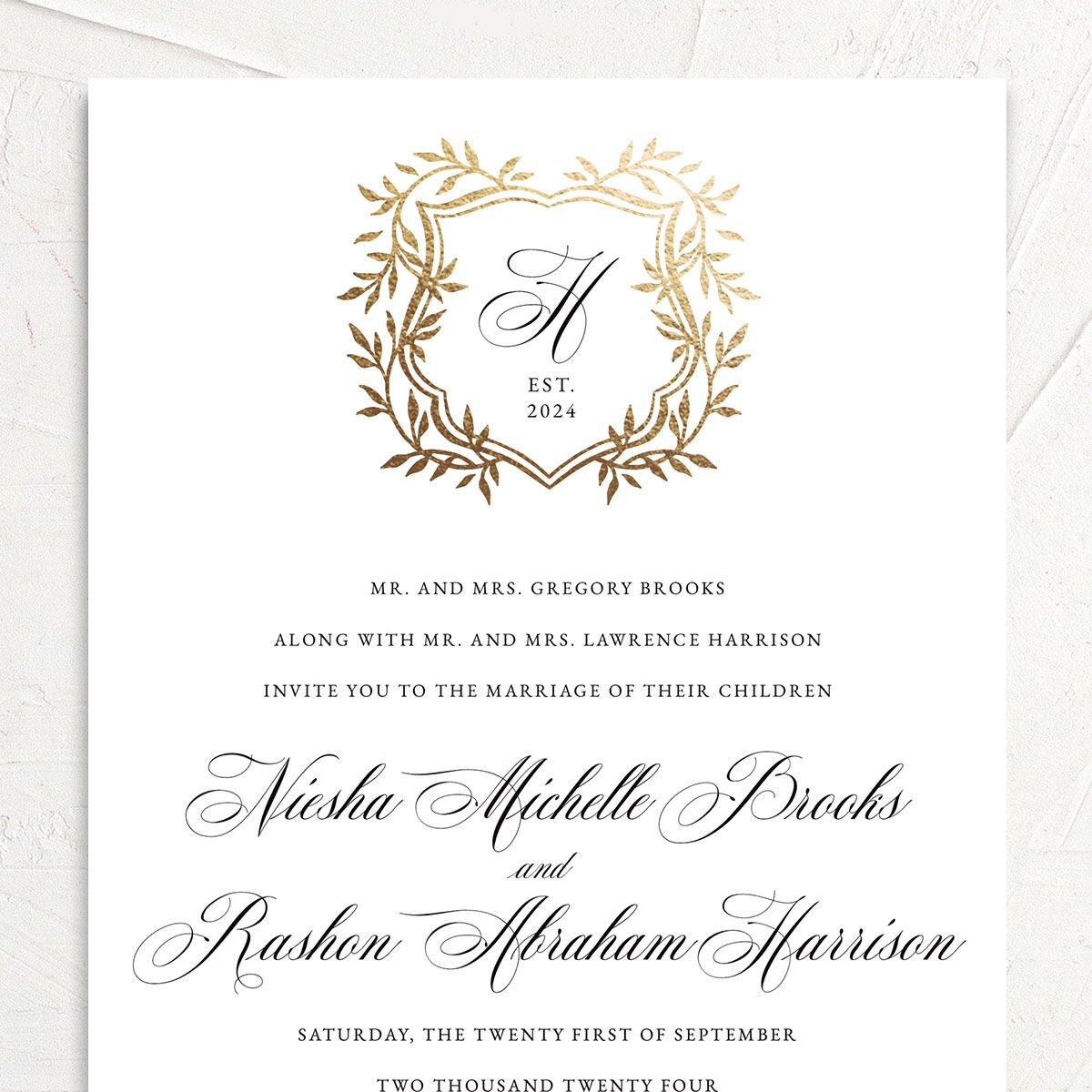 Formal Crest Wedding Invitations Gold Pure White Signature No