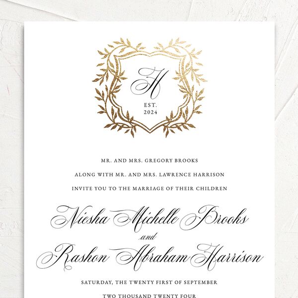 Formal Crest Wedding Invitations Gold Pure White Signature No