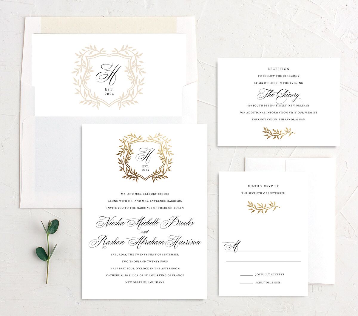 Formal Crest Wedding Invitations Gold Pure White Signature No