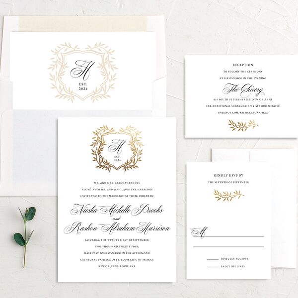 Formal Crest Wedding Invitations Gold Pure White Signature No