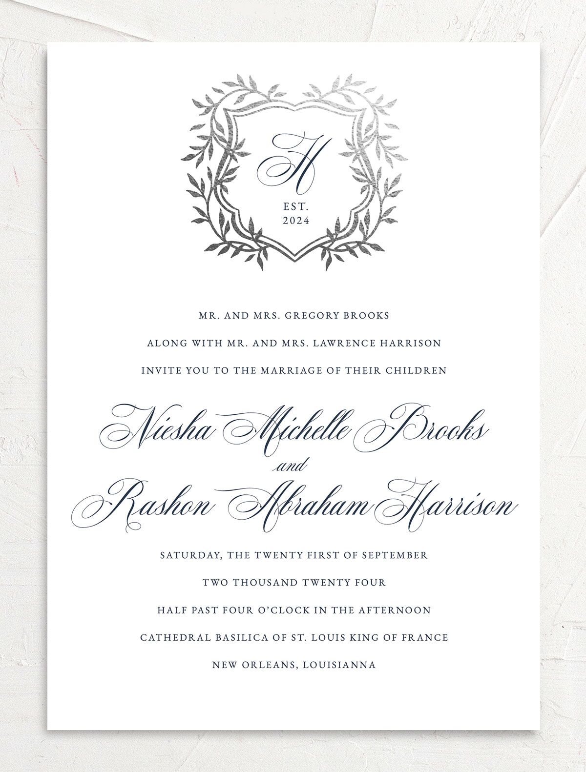 Formal Crest Wedding Invitations front