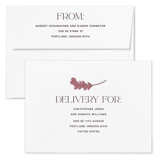 Climbing Leaves Wedding Invitation Envelopes White Burgundy Both Recipient and Return Addresses Standard Signature
