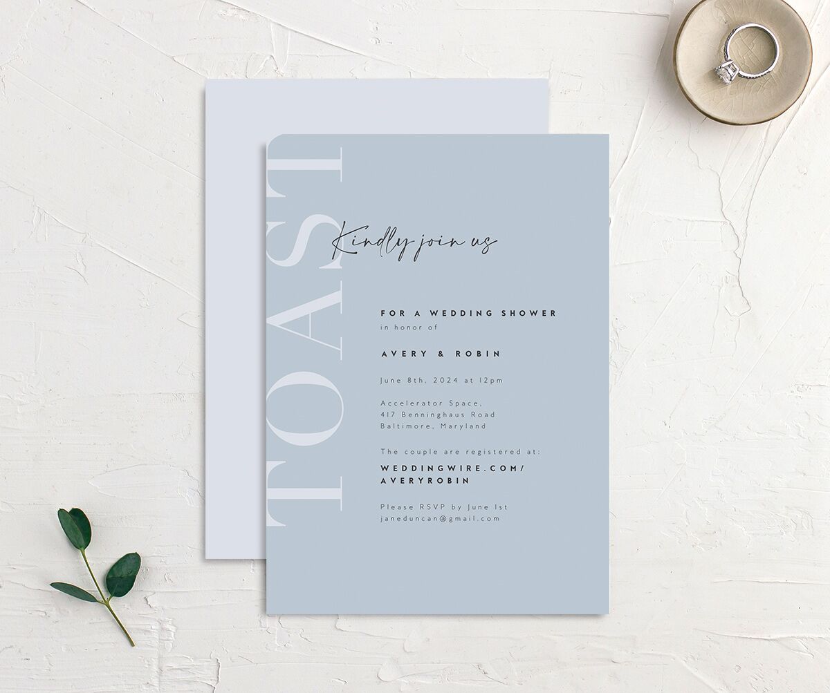 Elegant Contrast Bridal Shower Invitations front-and-back in blue