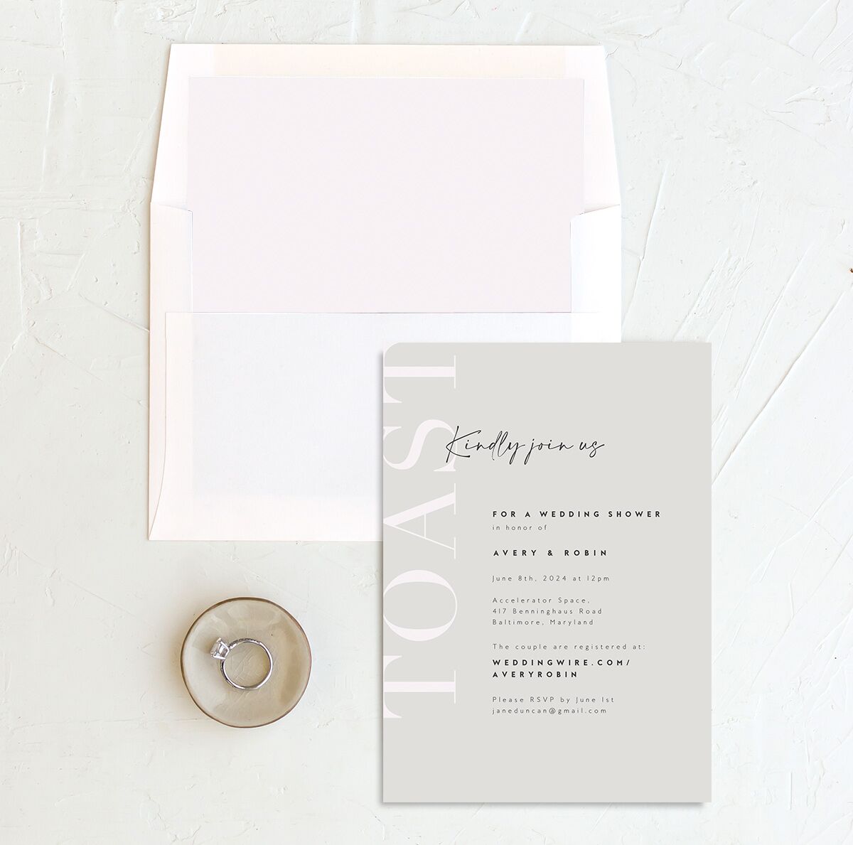 Elegant Contrast Bridal Shower Invitations envelope-and-liner in grey