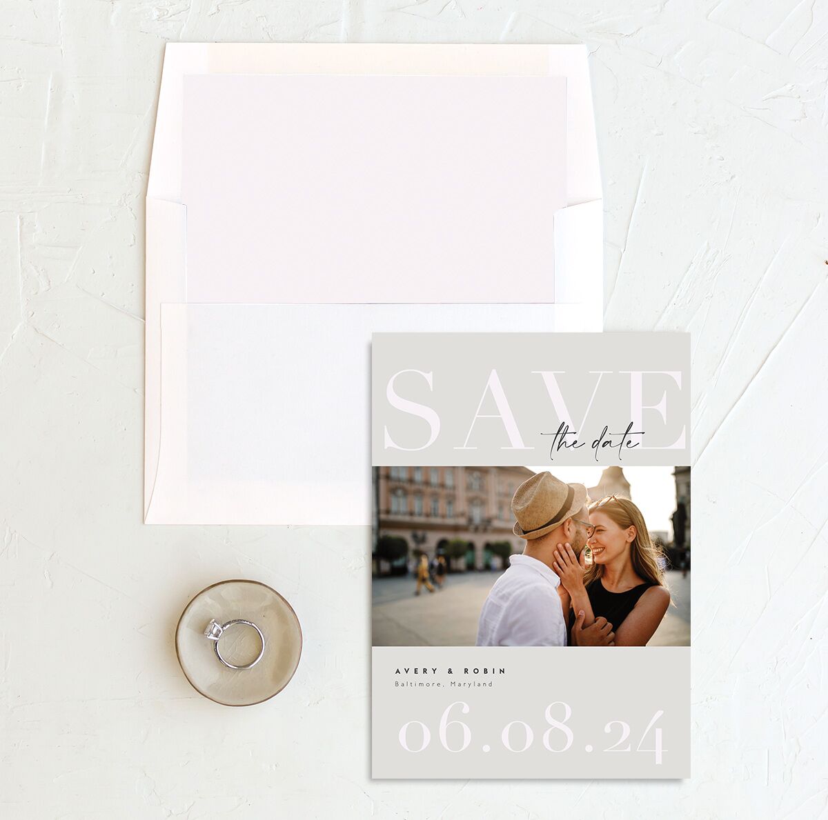 Elegant Contrast Save the Date Cards envelope-and-liner in grey
