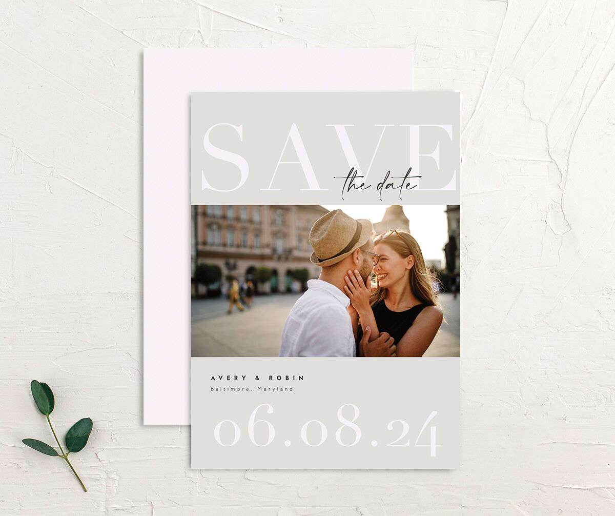 Elegant Contrast Save the Date Cards front-and-back in grey