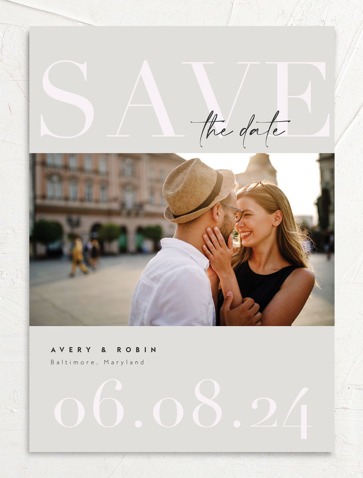Elegant Contrast Save the Date Cards front in grey