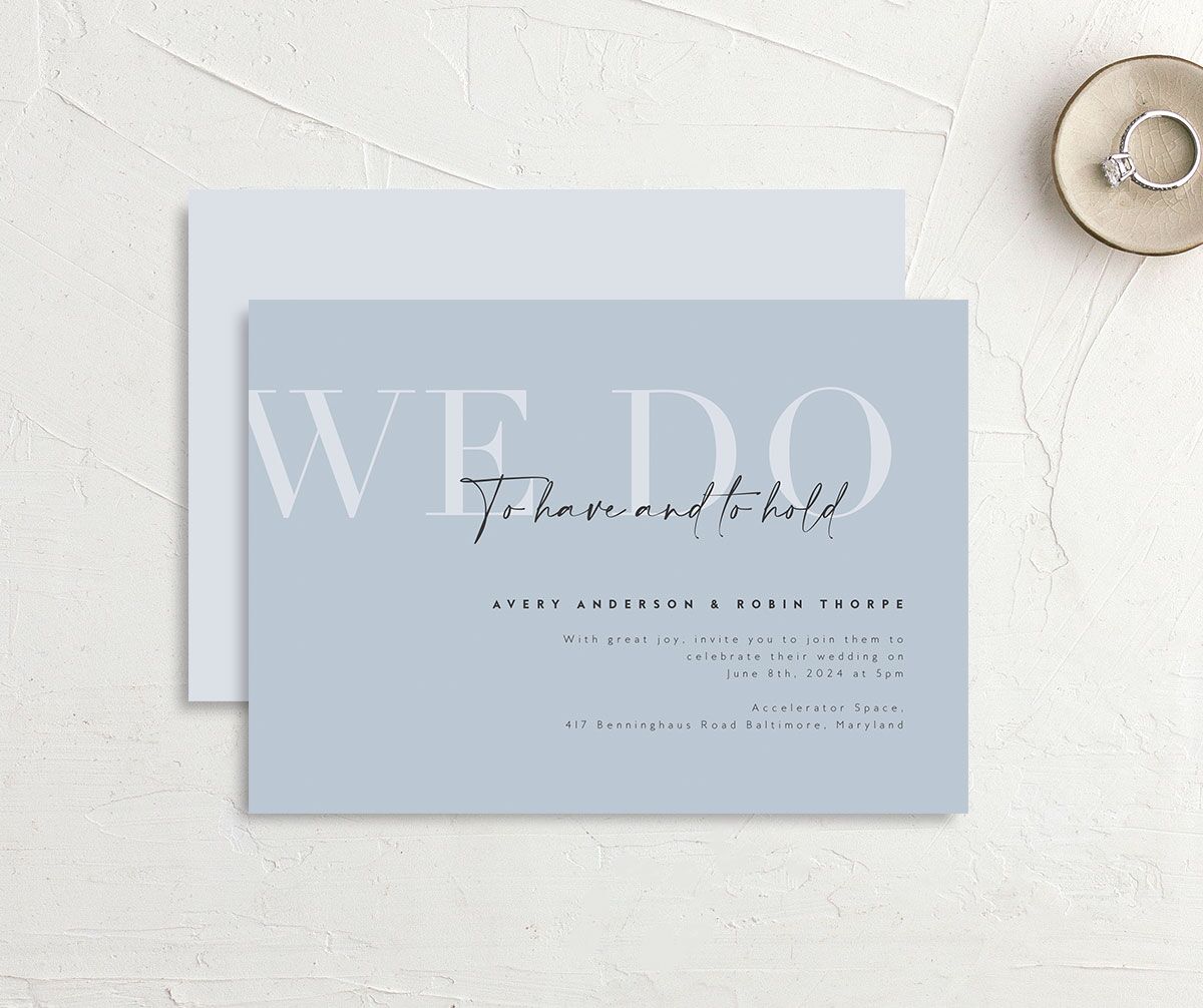 Elegant Contrast Wedding Invitations front-and-back in blue