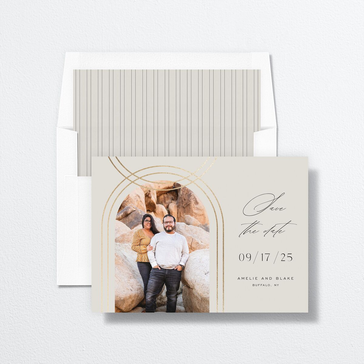 Foil Arch Save The Date Cards envelope-and-liner