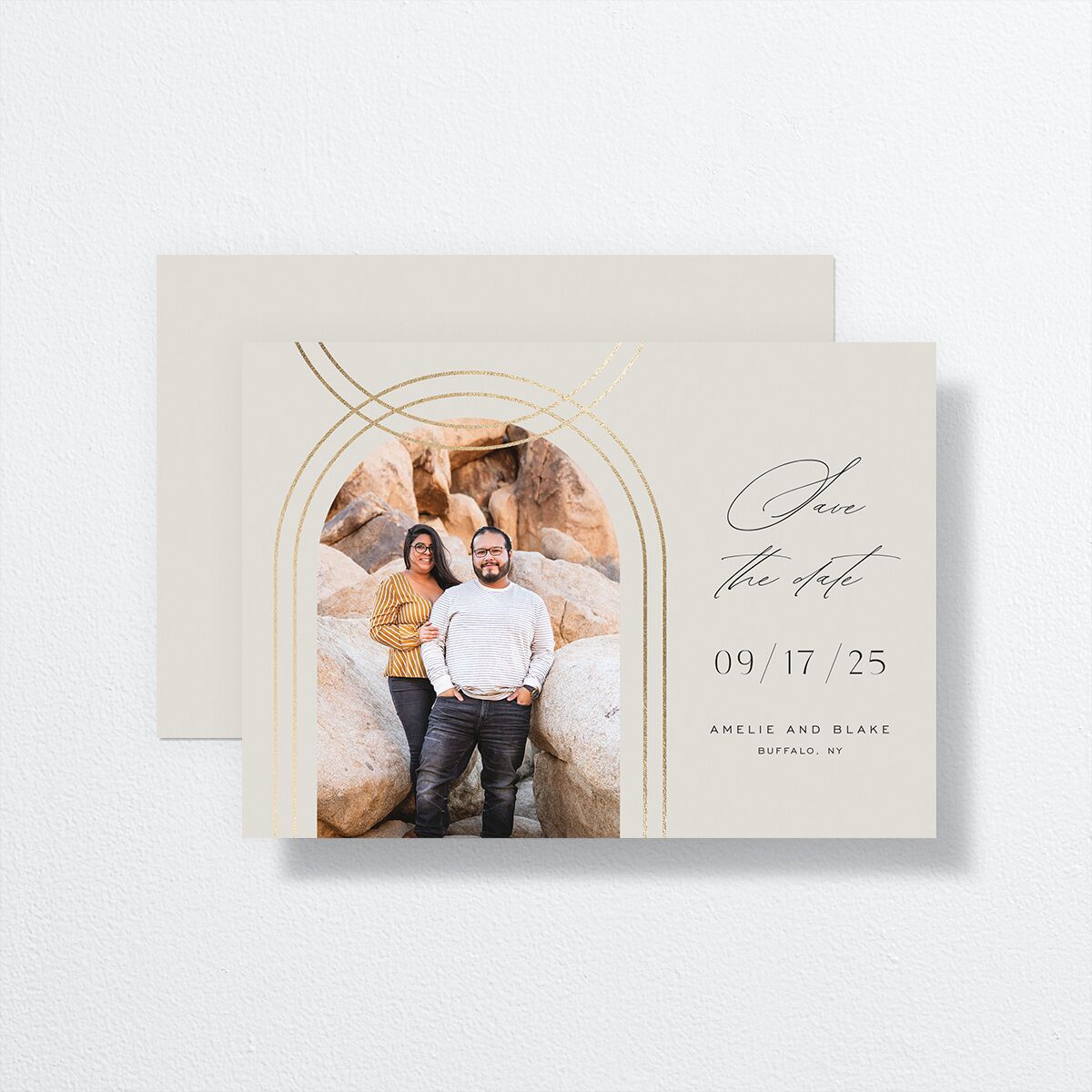 Foil Arch Save The Date Cards front-and-back