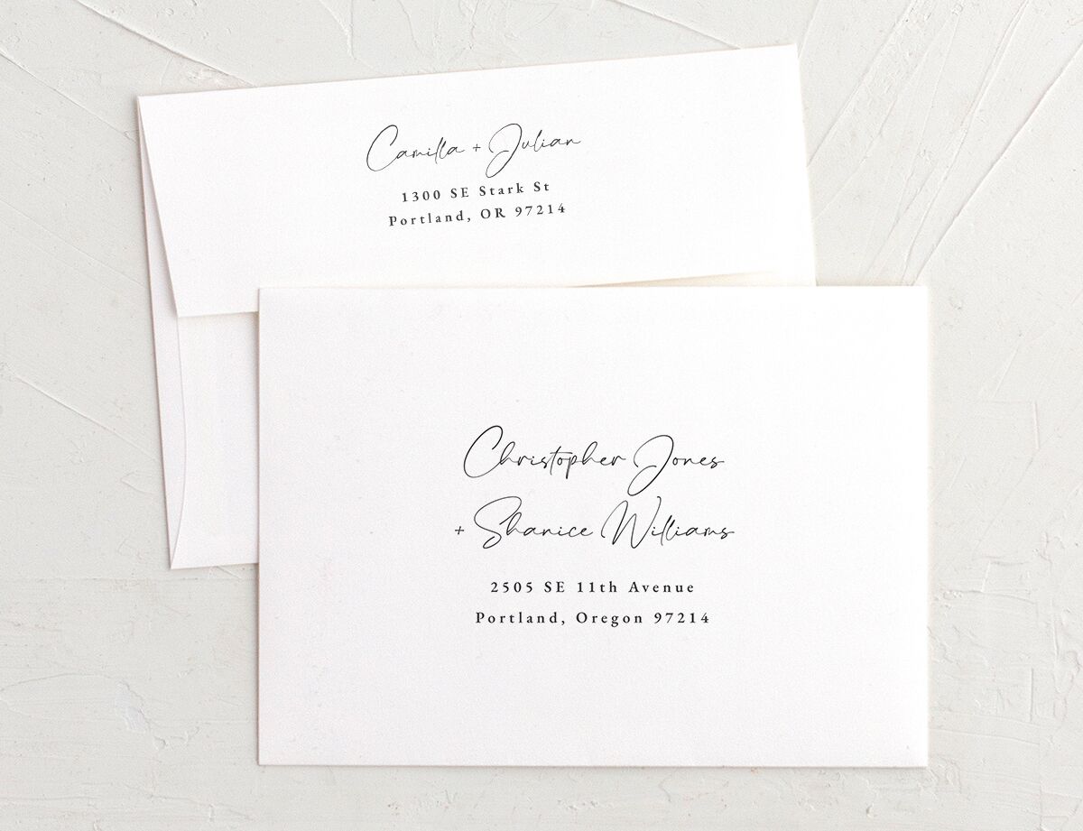 Elegant Abstract Save The Date Card Envelopes White Merlot Both Recipient and Return Addresses Signature Standard