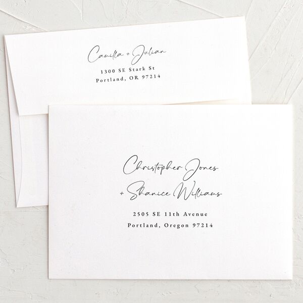 Elegant Abstract Save The Date Card Envelopes White Merlot Both Recipient and Return Addresses Signature Standard