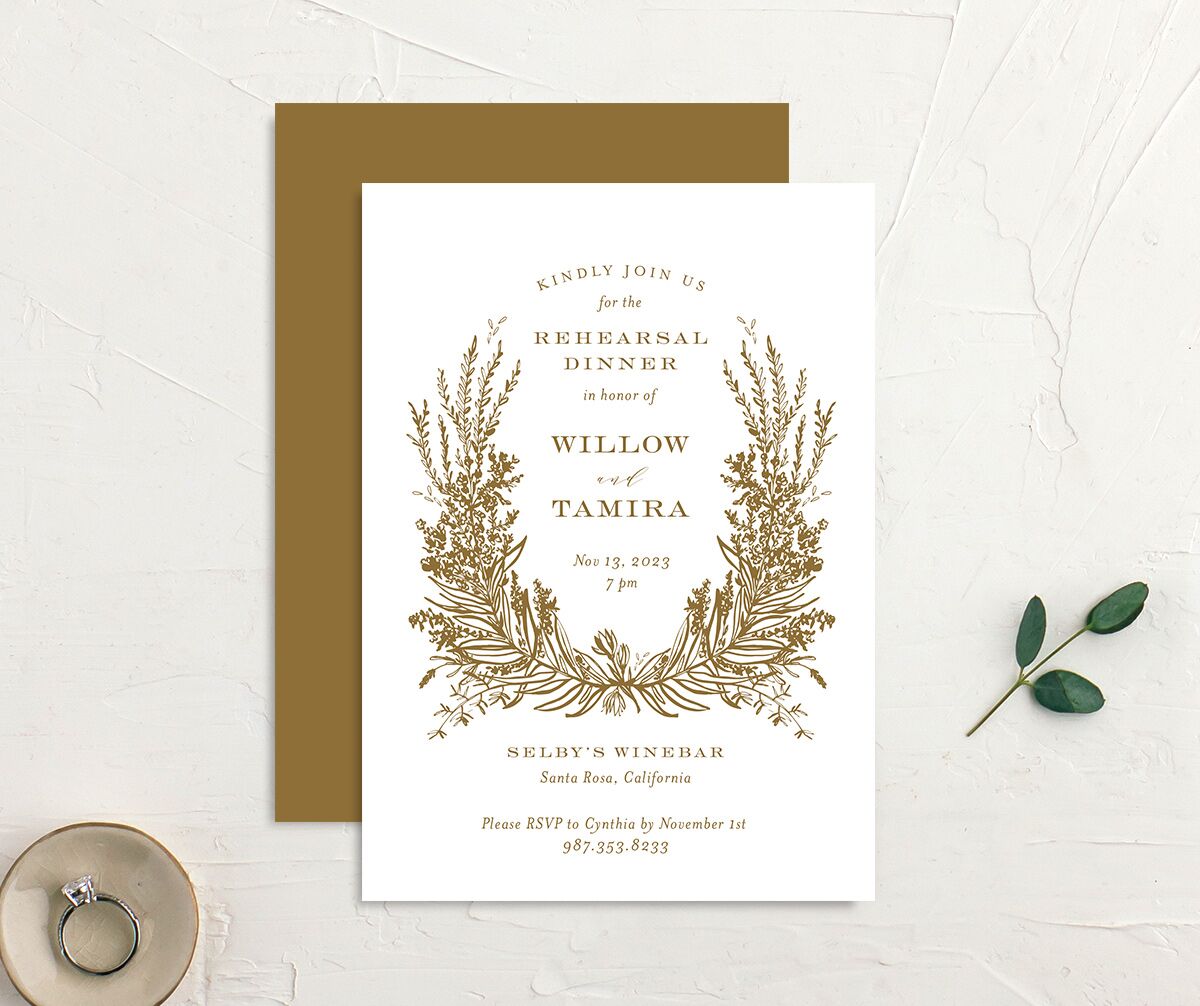Graceful Laurel Rehearsal Dinner Invitations front-and-back in Gold