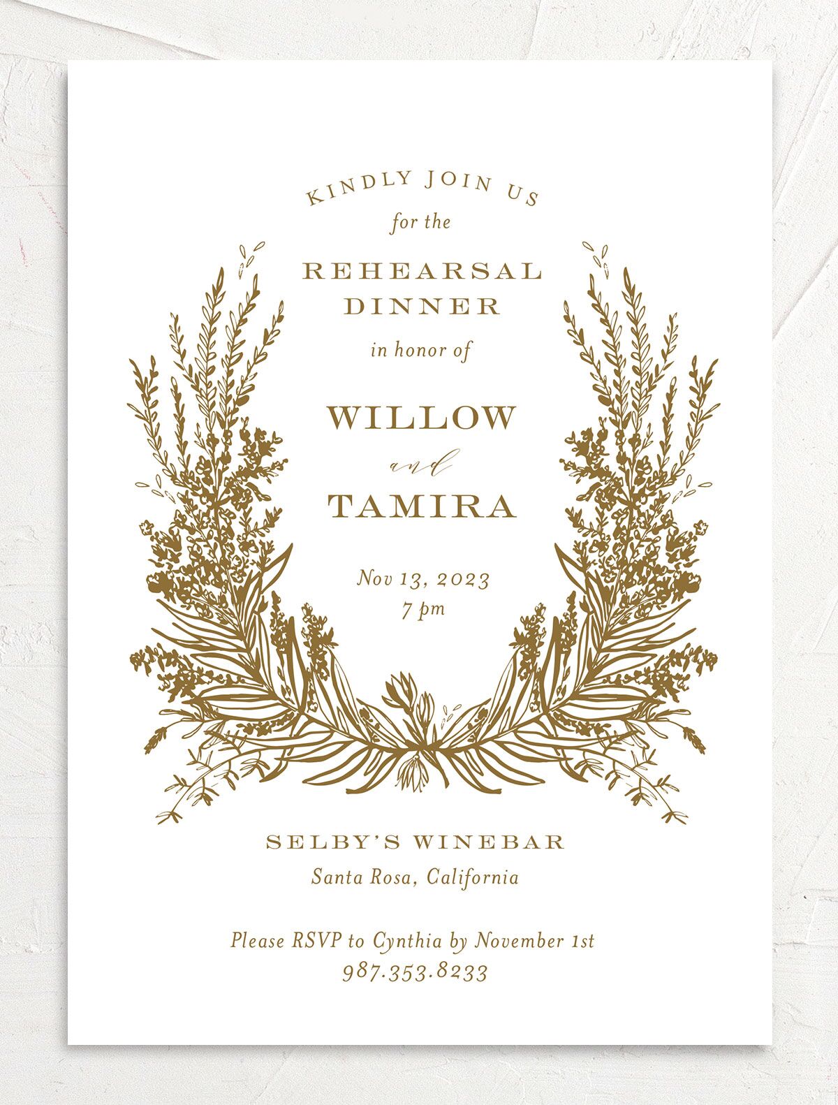 Graceful Laurel Rehearsal Dinner Invitations front in Gold