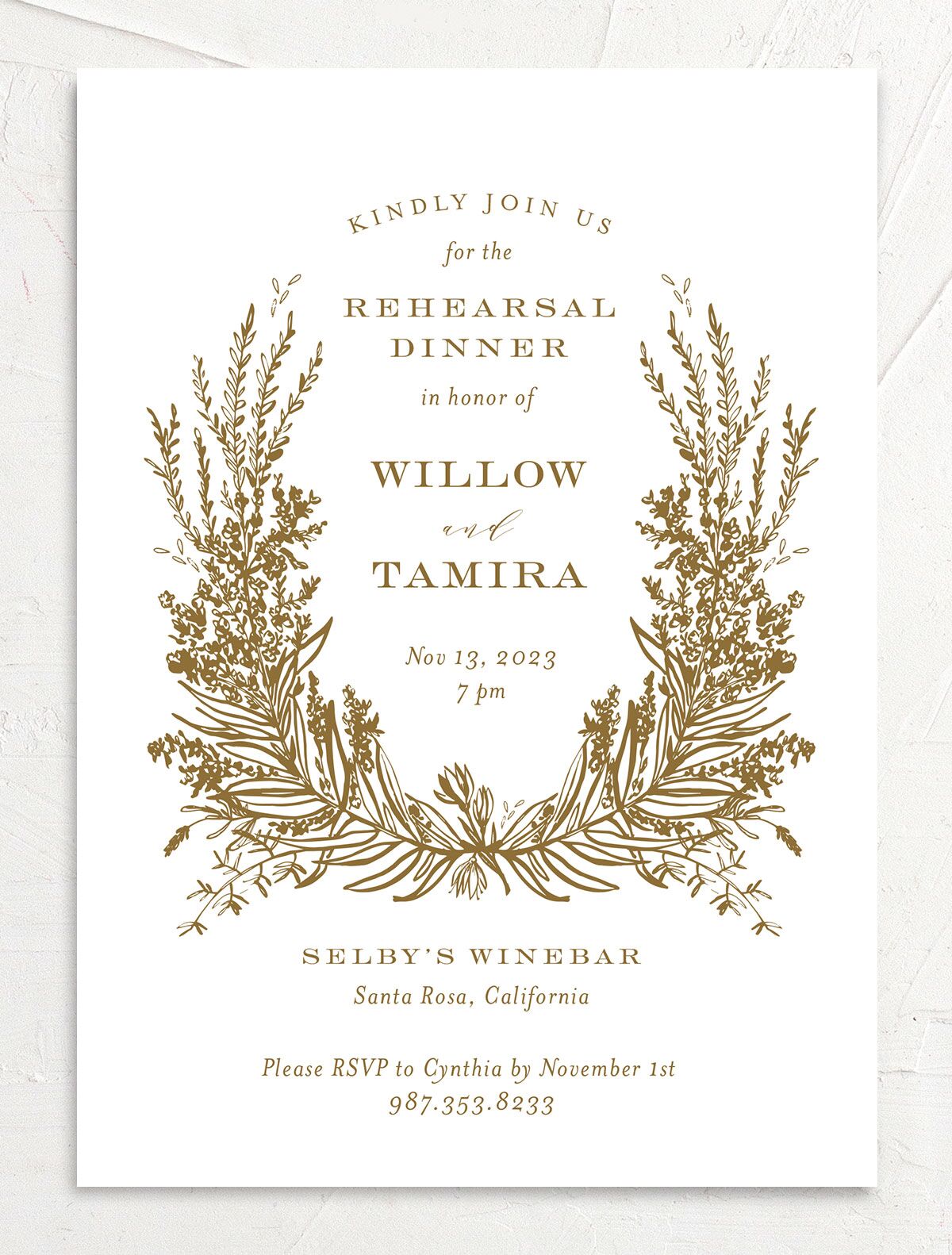 Graceful Laurel Rehearsal Dinner Invitations front
