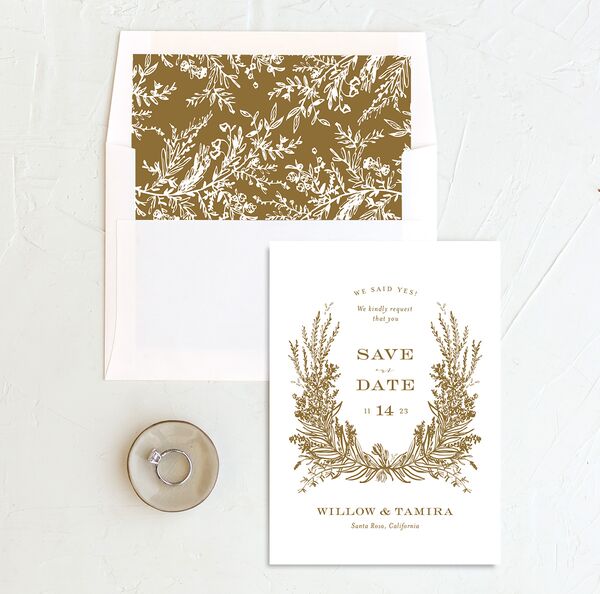 Graceful Laurel Save the Date Cards envelope-and-liner in Gold