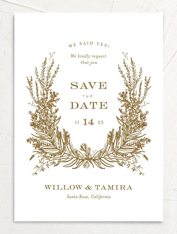 Graceful Laurel Save the Date Cards front in Gold