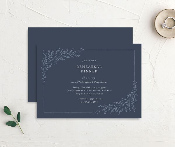 Exquisite Branches Rehearsal Dinner Invitations front-and-back in Blue
