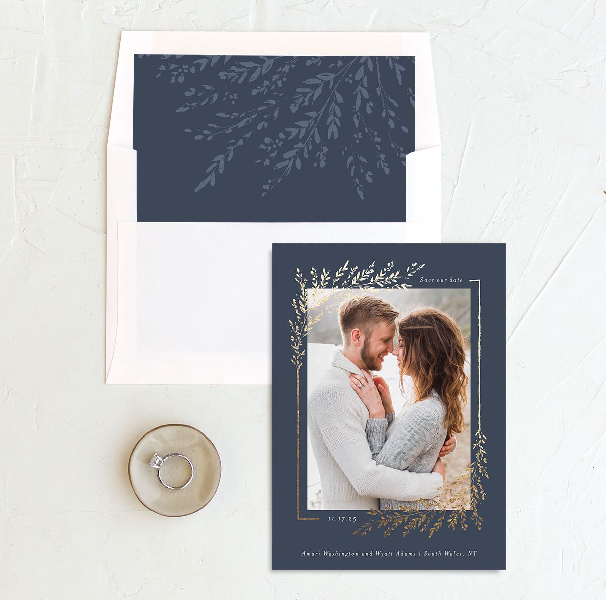 Exquisite Branches Save The Date Cards envelope-and-liner in Blue
