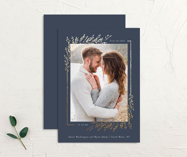 Exquisite Branches Save The Date Cards front-and-back in Blue