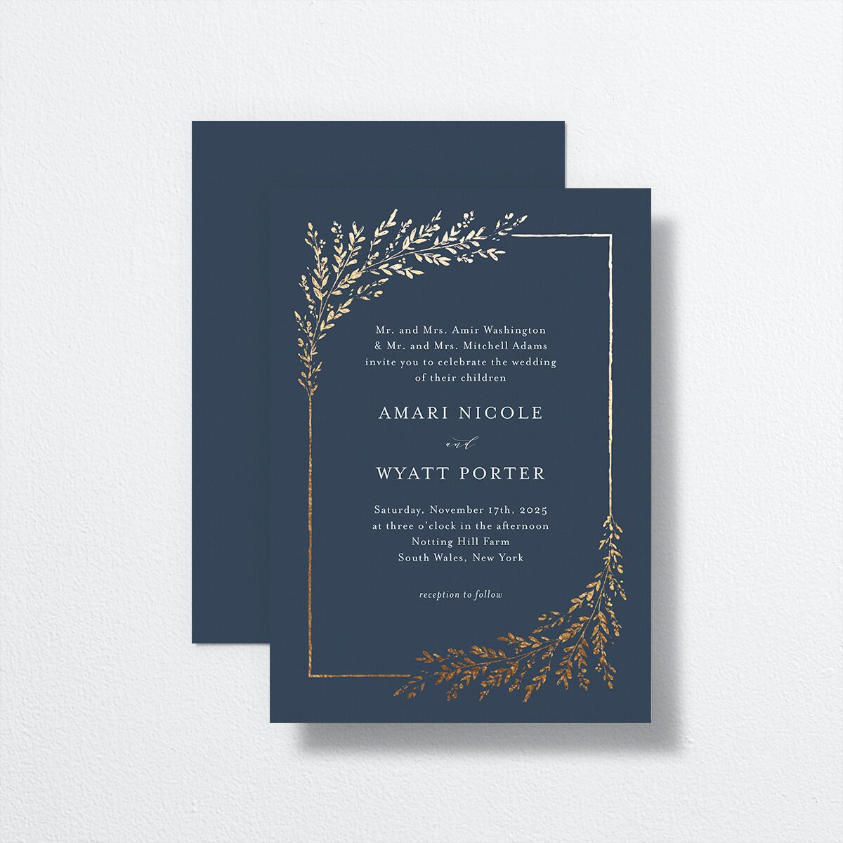 Exquisite Branches Wedding Invitations front-and-back in Blue