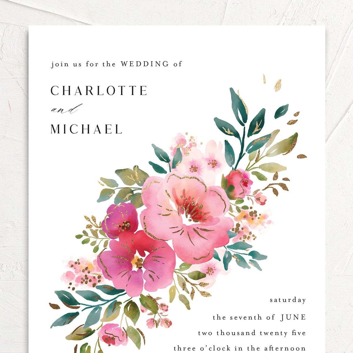 Sparkling Floral Wedding Invitations Gold Candy Pink Signature No