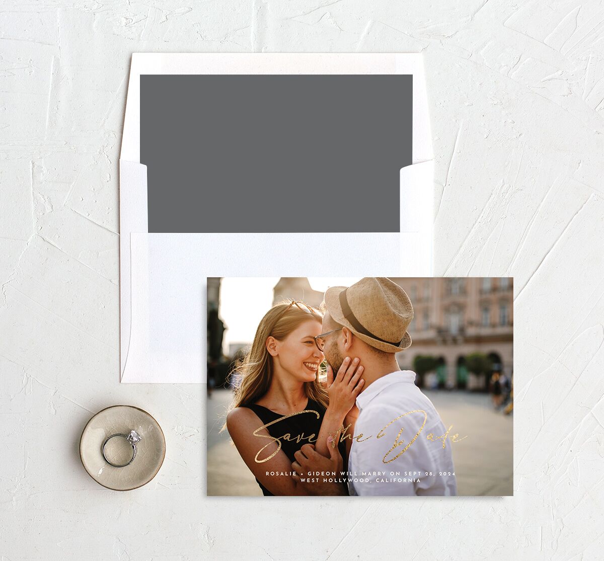 Refined Frame Save The Date Cards Gold Snow Signature smooth No