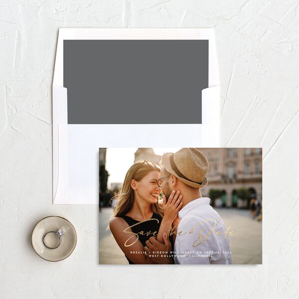 Refined Frame Save The Date Cards Gold Snow Signature smooth No