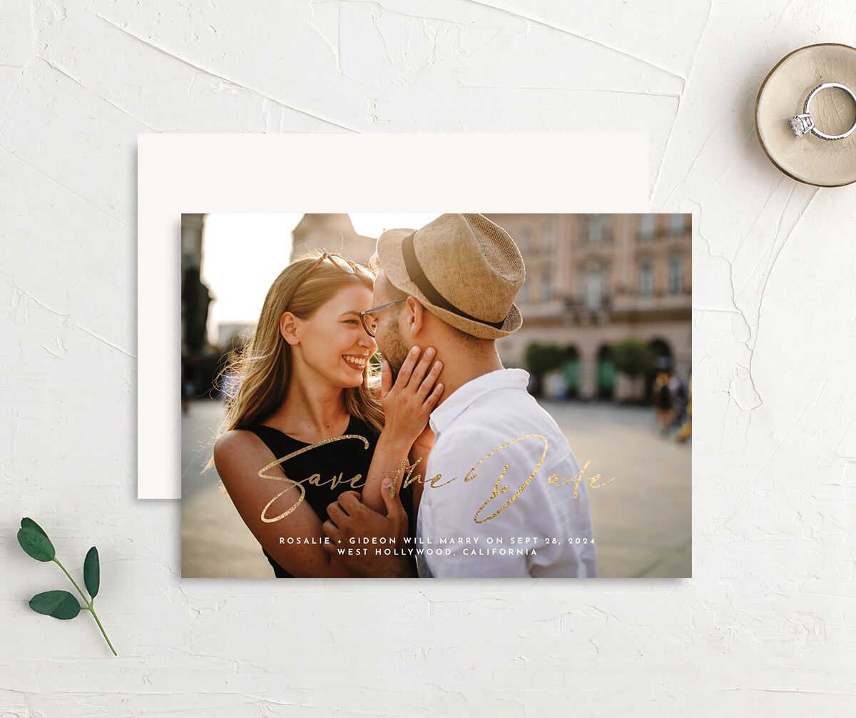 Refined Frame Save The Date Cards Gold Snow Signature smooth No