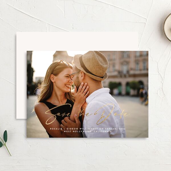 Refined Frame Save The Date Cards Gold Snow Signature smooth No