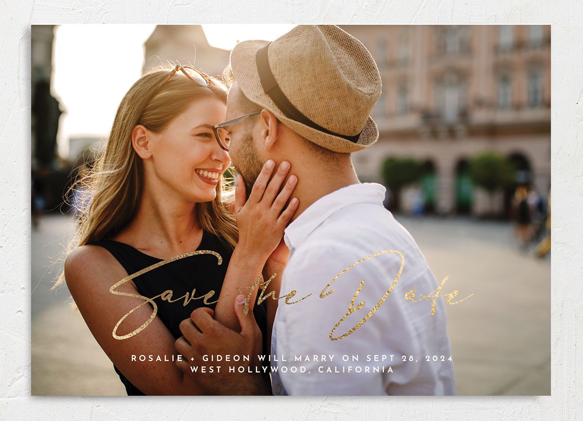 Refined Frame Save The Date Cards Gold Snow Signature smooth No