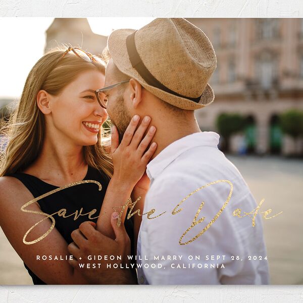 Refined Frame Save The Date Cards Gold Snow Signature smooth No