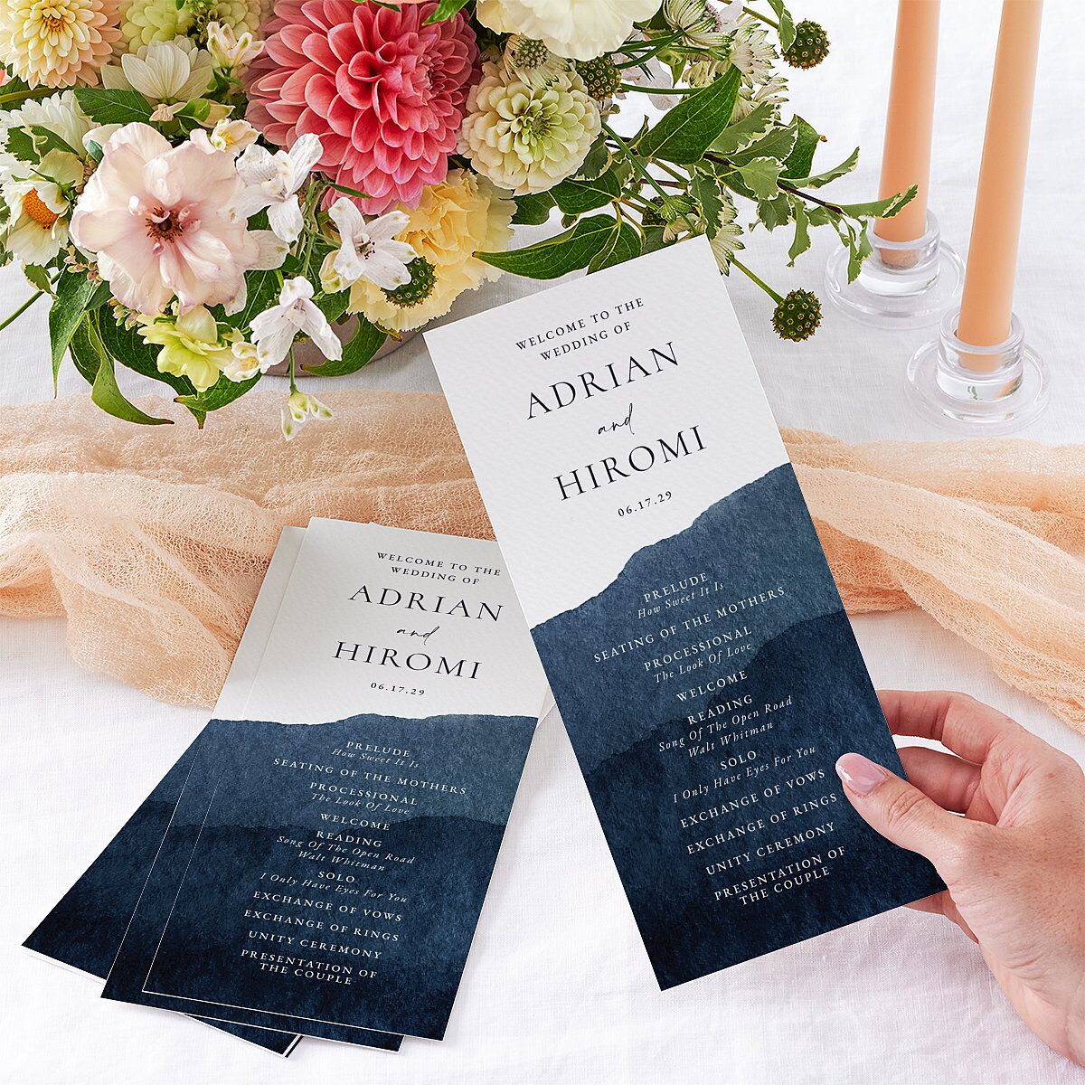 Layered Watercolor Wedding Programs Navy Signature