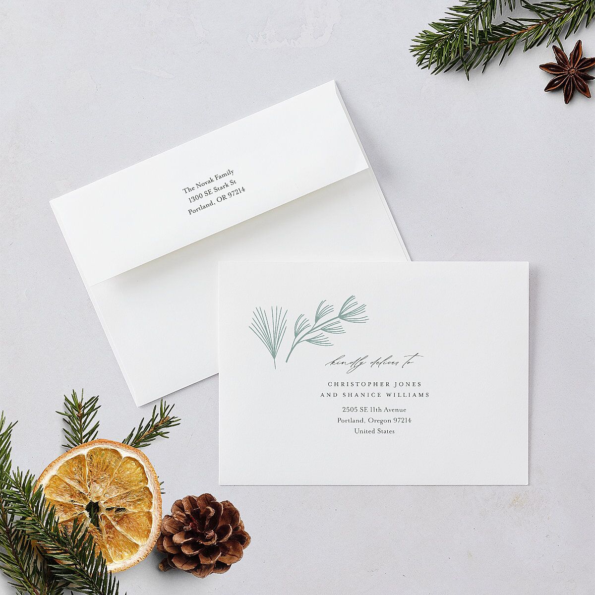Our Merriest Year Baby Announcement Holiday Card Envelopes White Hunter Green Both Recipient and Return Addresses Standard Signature