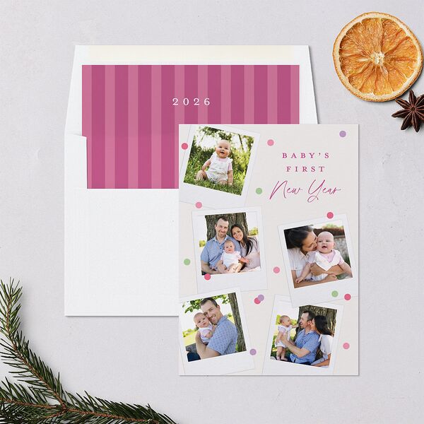 Baby's First New Year Instant Film Confetti Holiday Cards Mulberry Signature Blank Portrait Standard