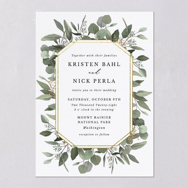 Eucalyptus Frame Wedding Invitations No Foil Pure White Signature Blank No Standard