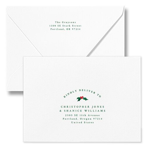 Classic Holiday Stripes Holiday Card Euro Envelopes White Jewel Green Both Recipient and Return Addresses Luxe Signature