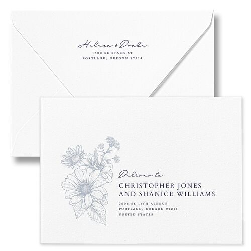 Rustic Botanical Frame Wedding Invitation Euro Envelopes Navy White Both Recipient and Return Addresses Luxe Signature