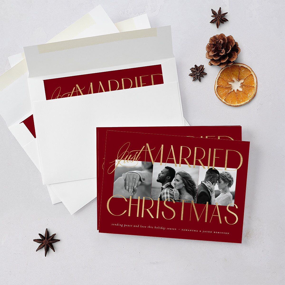 Just Married Christmas Holiday Cards Gold Jewel Red Signature Blank Standard Landscape