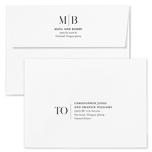 Monogram Portrait Rehearsal Dinner Invitation Envelopes White Pure White Both Recipient and Return Addresses Signature Standard