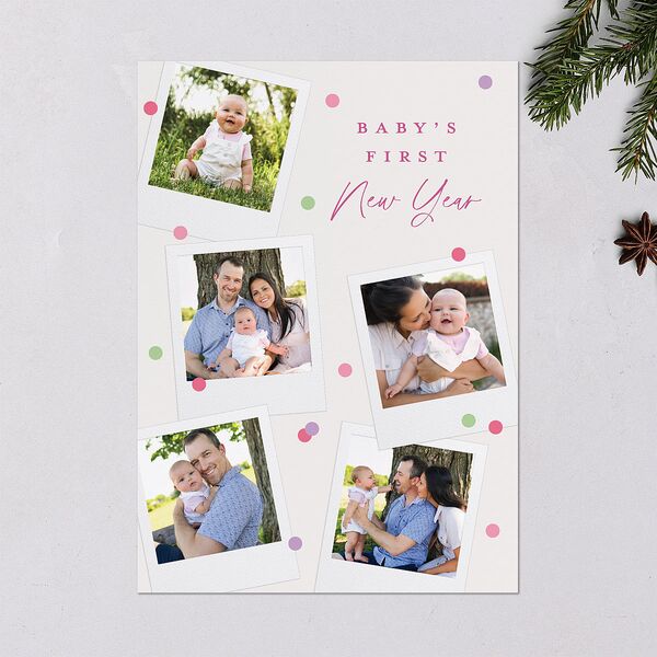 Baby's First New Year Instant Film Confetti Holiday Cards Mulberry Signature Blank Portrait Standard