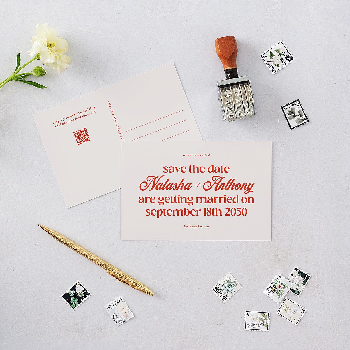 Modern Retro Type Save the Date Postcards Scarlet