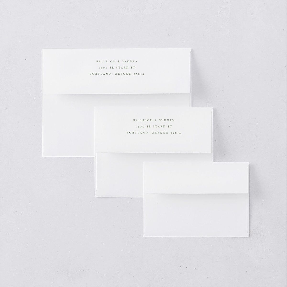 Side Panel Save the Date Petite Card Envelopes White Deep Olive Both Recipient and Return Addresses Signature Standard