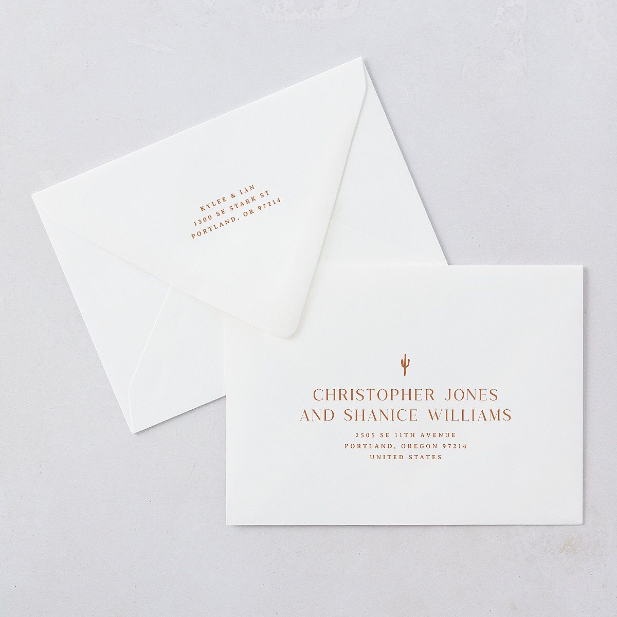 Western Desert Cactus Save The Date Card Euro Envelopes Terracotta White Both Recipient and Return Addresses Luxe Signature