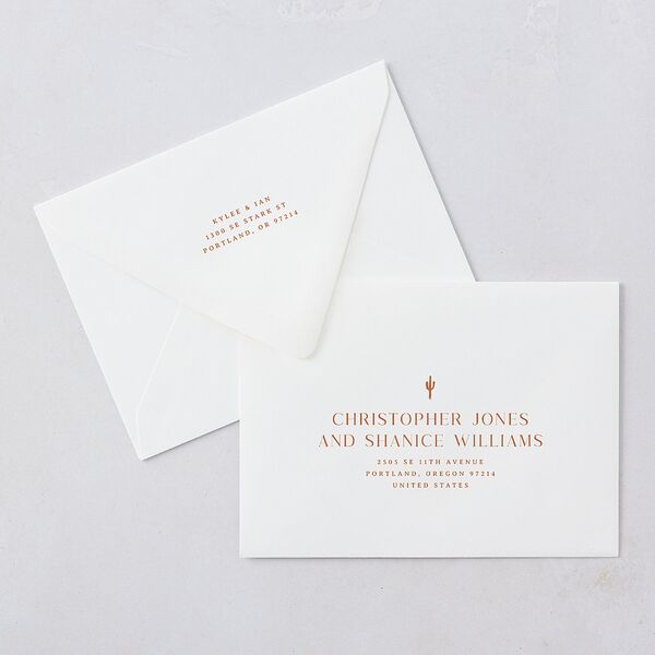 Western Desert Cactus Save The Date Card Euro Envelopes Terracotta White Both Recipient and Return Addresses Luxe Signature