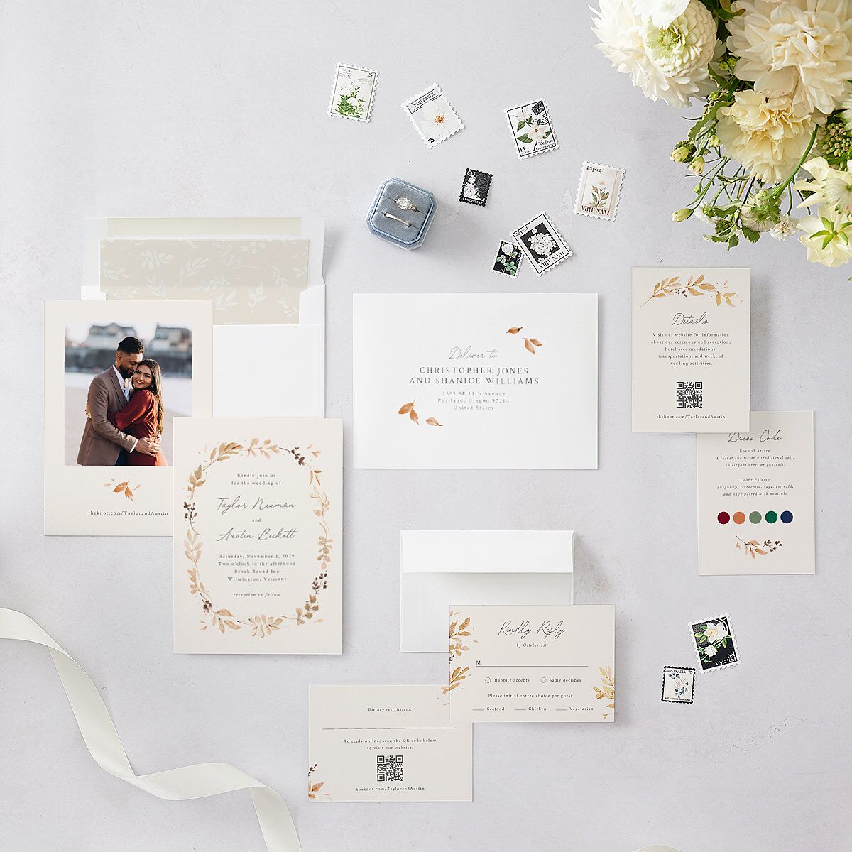 Leafy Garland Foil Wedding Invitations Gold Champagne Signature Blank No Standard