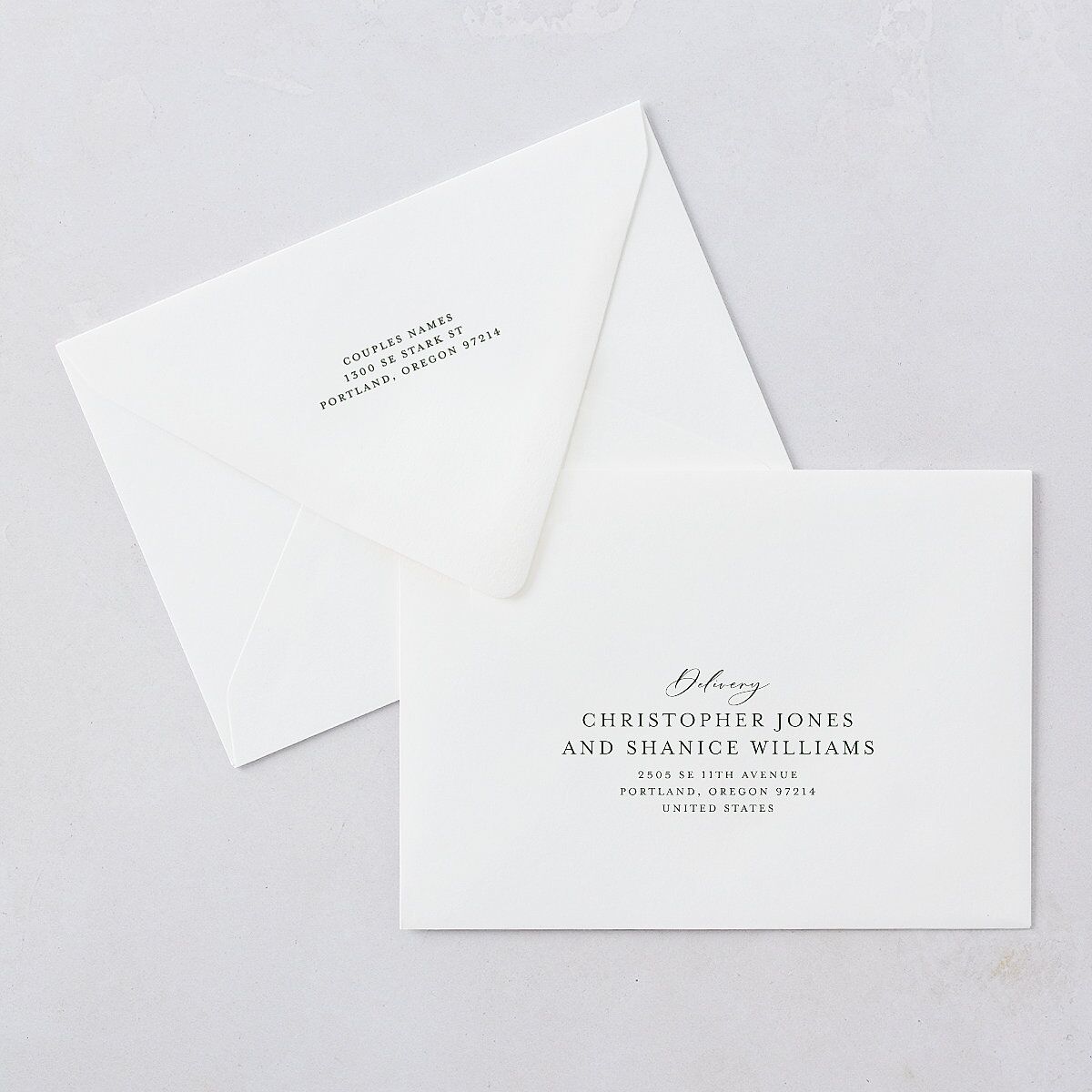 Emerald Forest Foil Wedding Invitation Euro Envelopes White Hunter Green Both Recipient and Return Addresses Luxe Signature