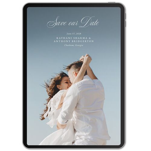 Glamorous Regency Garden Digital Save the Date Cards by Bridgerton Pure White Dusty Blue Lets Celebrate Standard