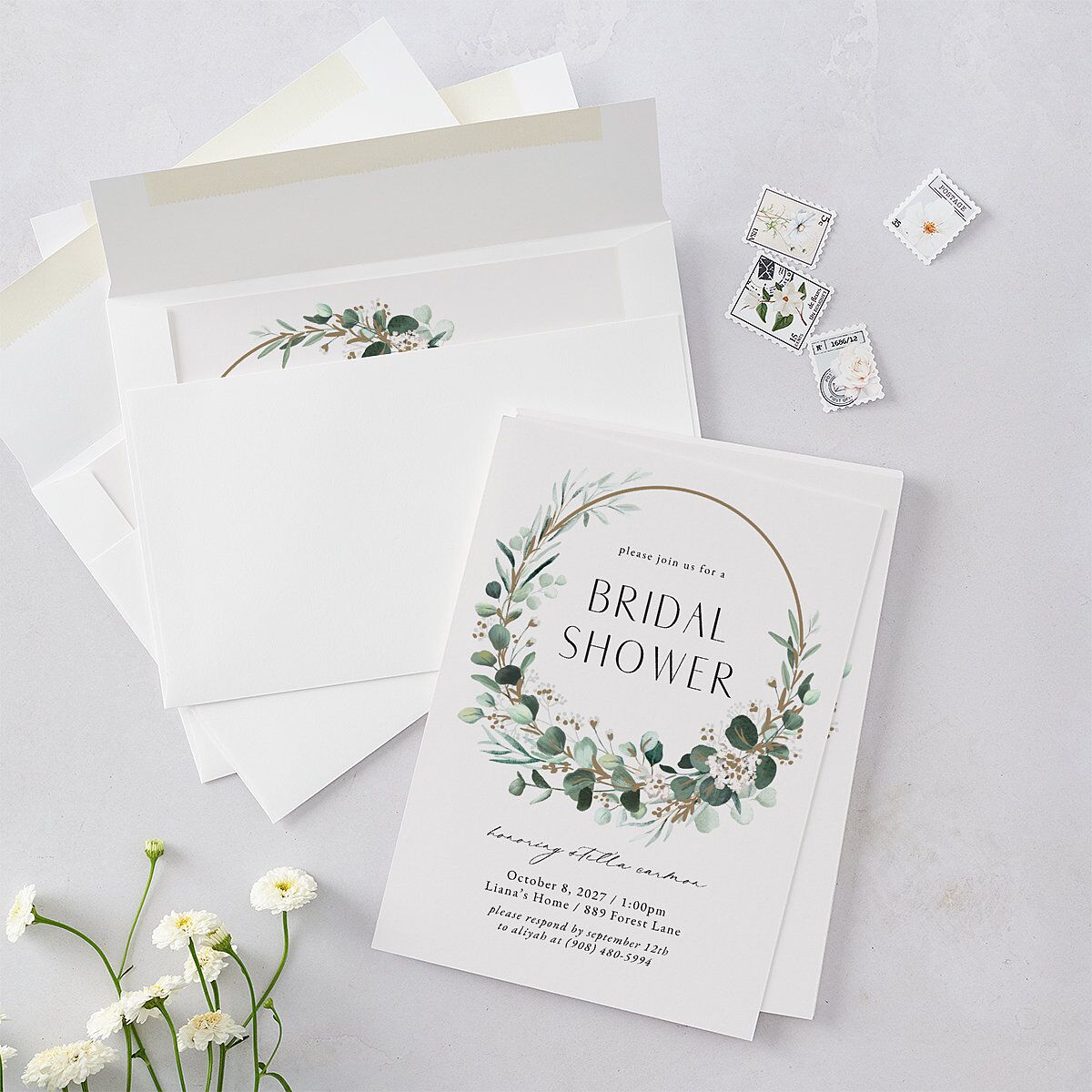 Timeless Floral Hoop Bridal Shower Invitations Pure White Signature Blank Standard